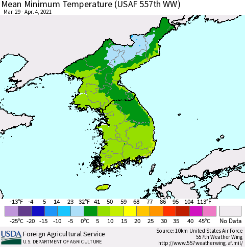 Korea Minimum Temperature (USAF 557th WW) Thematic Map For 3/29/2021 - 4/4/2021