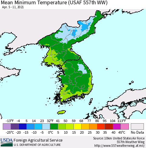 Korea Minimum Temperature (USAF 557th WW) Thematic Map For 4/5/2021 - 4/11/2021