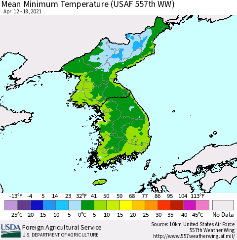 Korea Minimum Temperature (USAF 557th WW) Thematic Map For 4/12/2021 - 4/18/2021
