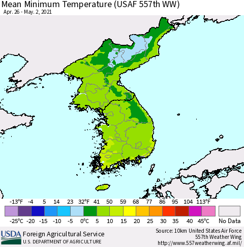 Korea Mean Minimum Temperature (USAF 557th WW) Thematic Map For 4/26/2021 - 5/2/2021