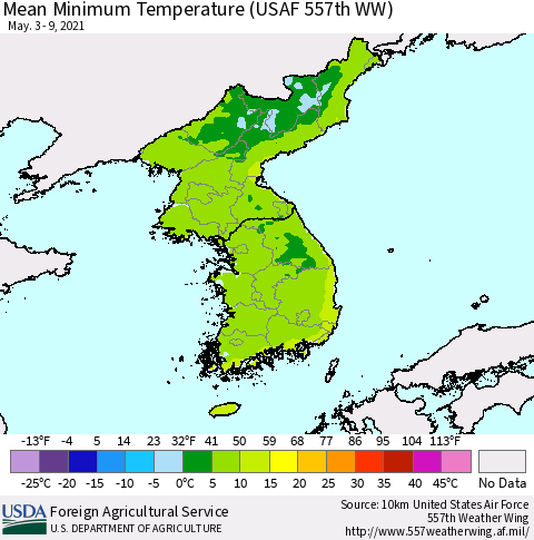 Korea Minimum Temperature (USAF 557th WW) Thematic Map For 5/3/2021 - 5/9/2021