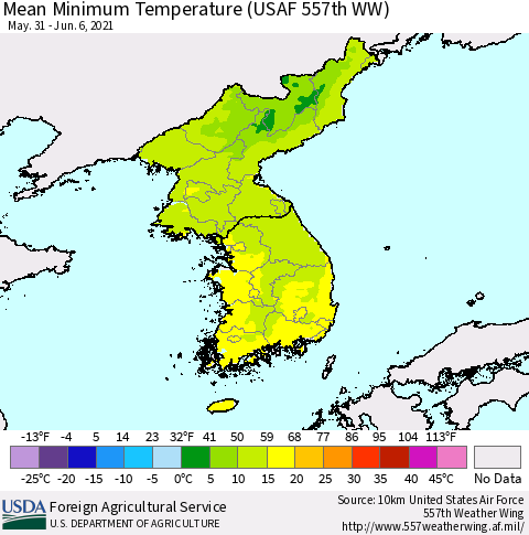 Korea Minimum Temperature (USAF 557th WW) Thematic Map For 5/31/2021 - 6/6/2021