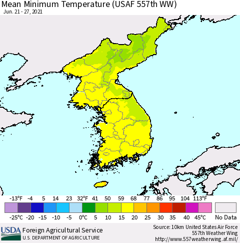 Korea Minimum Temperature (USAF 557th WW) Thematic Map For 6/21/2021 - 6/27/2021