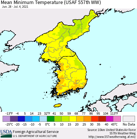 Korea Minimum Temperature (USAF 557th WW) Thematic Map For 6/28/2021 - 7/4/2021