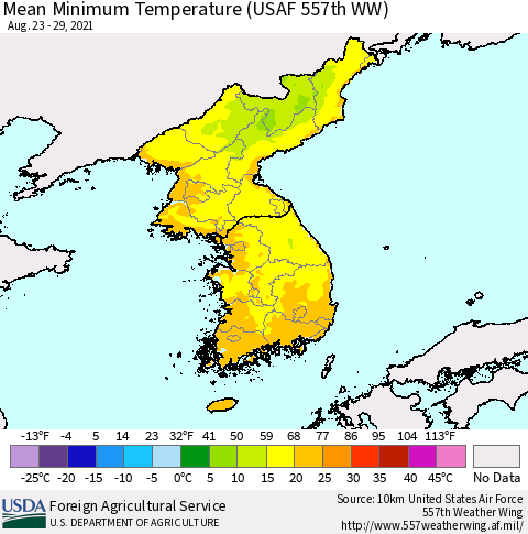 Korea Mean Minimum Temperature (USAF 557th WW) Thematic Map For 8/23/2021 - 8/29/2021