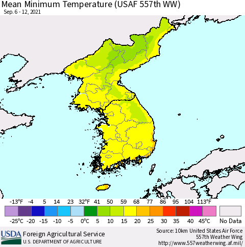 Korea Mean Minimum Temperature (USAF 557th WW) Thematic Map For 9/6/2021 - 9/12/2021