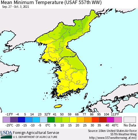 Korea Mean Minimum Temperature (USAF 557th WW) Thematic Map For 9/27/2021 - 10/3/2021