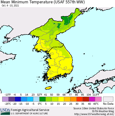 Korea Mean Minimum Temperature (USAF 557th WW) Thematic Map For 10/4/2021 - 10/10/2021