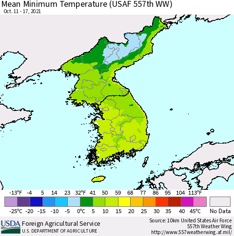 Korea Mean Minimum Temperature (USAF 557th WW) Thematic Map For 10/11/2021 - 10/17/2021