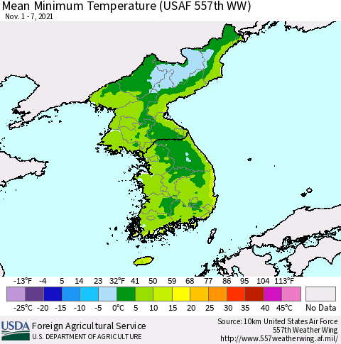 Korea Mean Minimum Temperature (USAF 557th WW) Thematic Map For 11/1/2021 - 11/7/2021