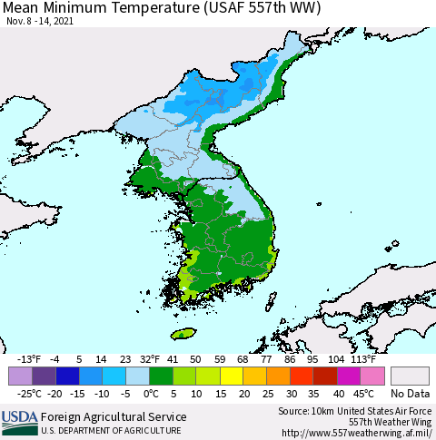 Korea Mean Minimum Temperature (USAF 557th WW) Thematic Map For 11/8/2021 - 11/14/2021
