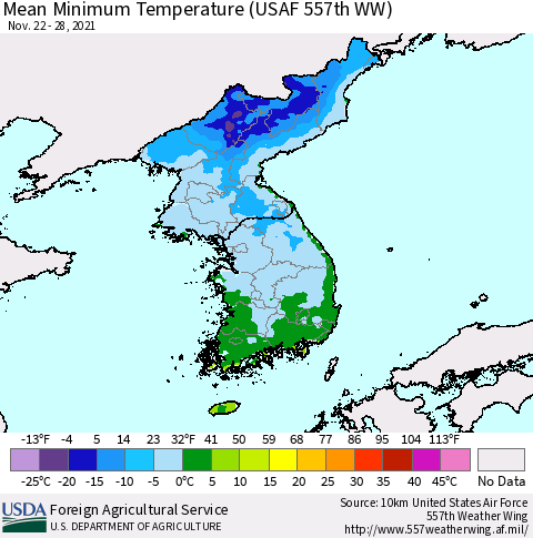 Korea Mean Minimum Temperature (USAF 557th WW) Thematic Map For 11/22/2021 - 11/28/2021