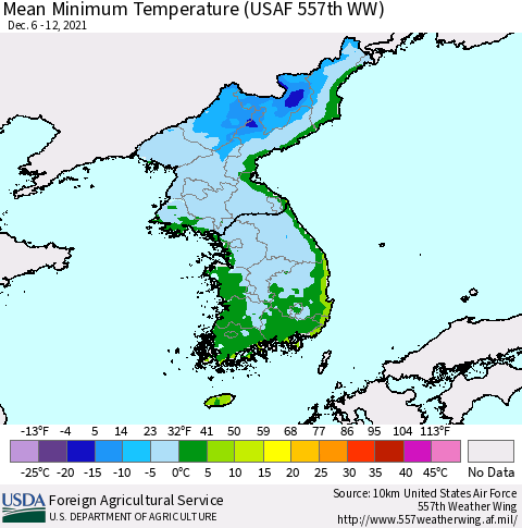 Korea Mean Minimum Temperature (USAF 557th WW) Thematic Map For 12/6/2021 - 12/12/2021