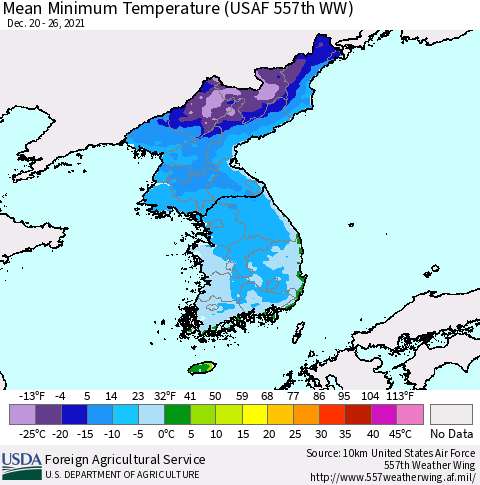 Korea Mean Minimum Temperature (USAF 557th WW) Thematic Map For 12/20/2021 - 12/26/2021
