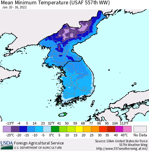 Korea Mean Minimum Temperature (USAF 557th WW) Thematic Map For 1/10/2022 - 1/16/2022