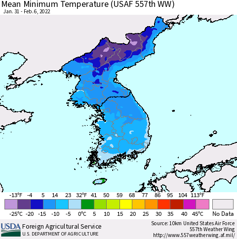 Korea Mean Minimum Temperature (USAF 557th WW) Thematic Map For 1/31/2022 - 2/6/2022