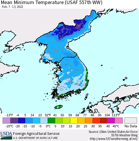 Korea Mean Minimum Temperature (USAF 557th WW) Thematic Map For 2/7/2022 - 2/13/2022