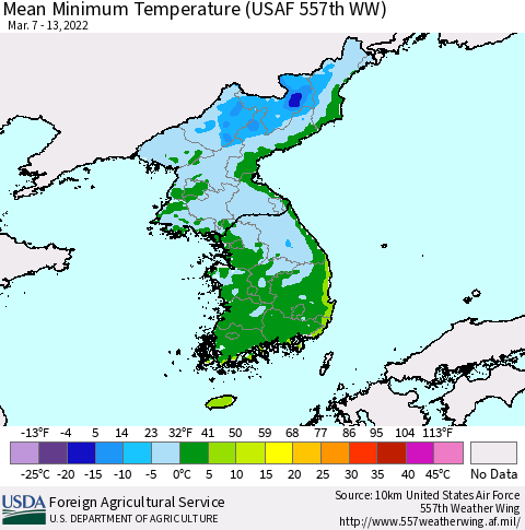 Korea Mean Minimum Temperature (USAF 557th WW) Thematic Map For 3/7/2022 - 3/13/2022