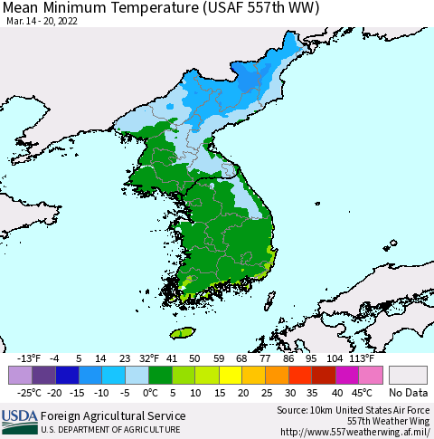 Korea Mean Minimum Temperature (USAF 557th WW) Thematic Map For 3/14/2022 - 3/20/2022