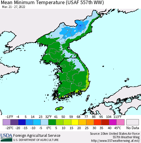 Korea Mean Minimum Temperature (USAF 557th WW) Thematic Map For 3/21/2022 - 3/27/2022
