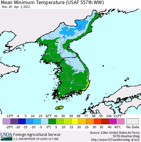 Korea Mean Minimum Temperature (USAF 557th WW) Thematic Map For 3/28/2022 - 4/3/2022