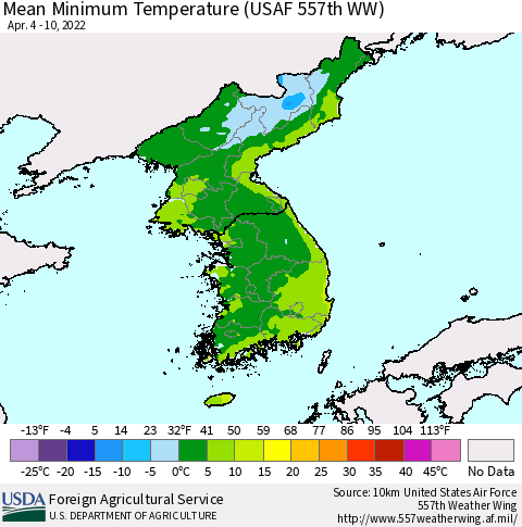 Korea Minimum Temperature (USAF 557th WW) Thematic Map For 4/4/2022 - 4/10/2022