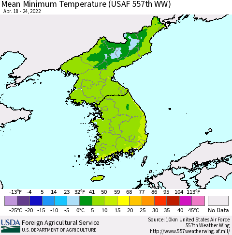 Korea Minimum Temperature (USAF 557th WW) Thematic Map For 4/18/2022 - 4/24/2022