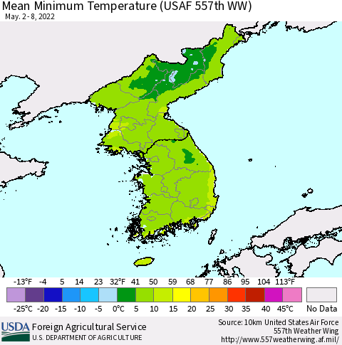 Korea Minimum Temperature (USAF 557th WW) Thematic Map For 5/2/2022 - 5/8/2022