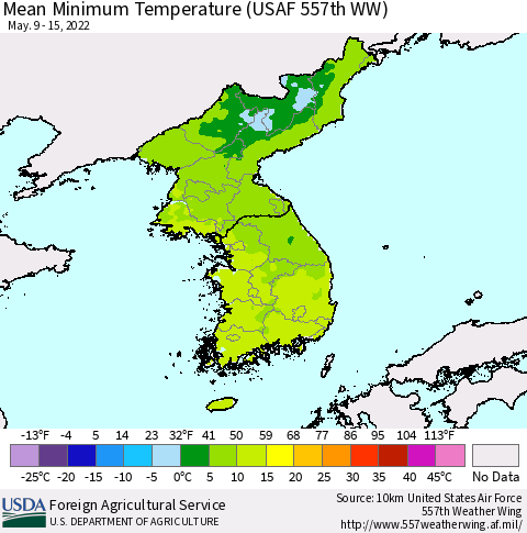 Korea Minimum Temperature (USAF 557th WW) Thematic Map For 5/9/2022 - 5/15/2022