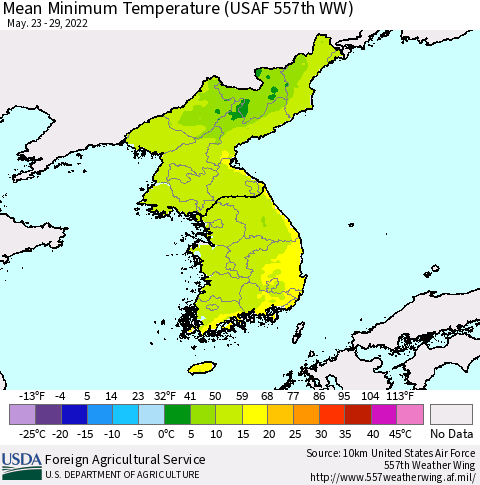 Korea Mean Minimum Temperature (USAF 557th WW) Thematic Map For 5/23/2022 - 5/29/2022