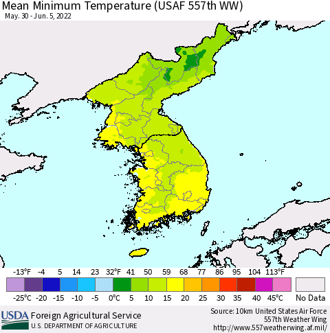 Korea Minimum Temperature (USAF 557th WW) Thematic Map For 5/30/2022 - 6/5/2022
