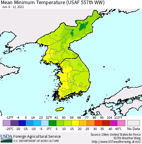Korea Mean Minimum Temperature (USAF 557th WW) Thematic Map For 6/6/2022 - 6/12/2022