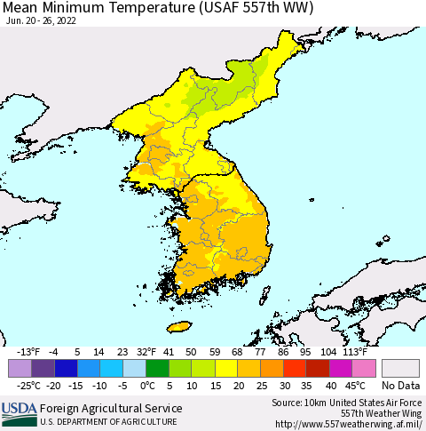 Korea Minimum Temperature (USAF 557th WW) Thematic Map For 6/20/2022 - 6/26/2022