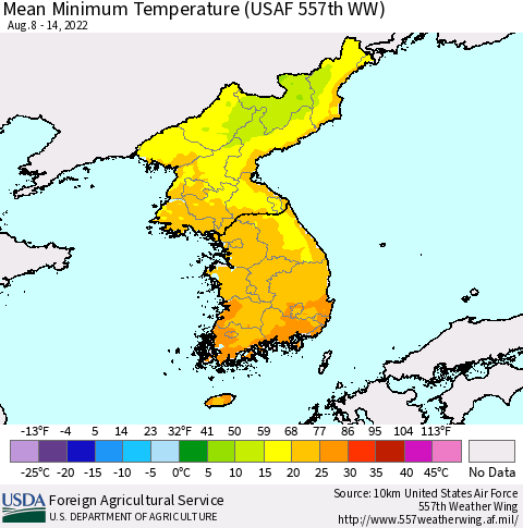 Korea Minimum Temperature (USAF 557th WW) Thematic Map For 8/8/2022 - 8/14/2022