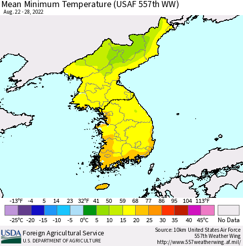Korea Minimum Temperature (USAF 557th WW) Thematic Map For 8/22/2022 - 8/28/2022