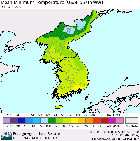 Korea Mean Minimum Temperature (USAF 557th WW) Thematic Map For 10/3/2022 - 10/9/2022