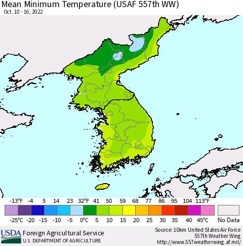 Korea Mean Minimum Temperature (USAF 557th WW) Thematic Map For 10/10/2022 - 10/16/2022