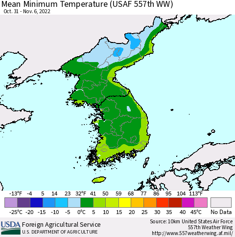 Korea Mean Minimum Temperature (USAF 557th WW) Thematic Map For 10/31/2022 - 11/6/2022