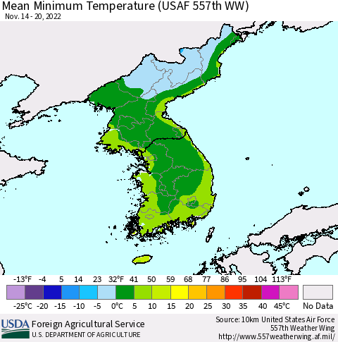 Korea Mean Minimum Temperature (USAF 557th WW) Thematic Map For 11/14/2022 - 11/20/2022