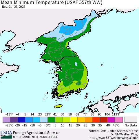 Korea Mean Minimum Temperature (USAF 557th WW) Thematic Map For 11/21/2022 - 11/27/2022