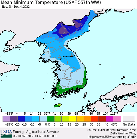 Korea Mean Minimum Temperature (USAF 557th WW) Thematic Map For 11/28/2022 - 12/4/2022