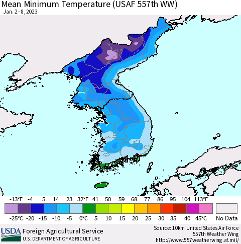 Korea Mean Minimum Temperature (USAF 557th WW) Thematic Map For 1/2/2023 - 1/8/2023
