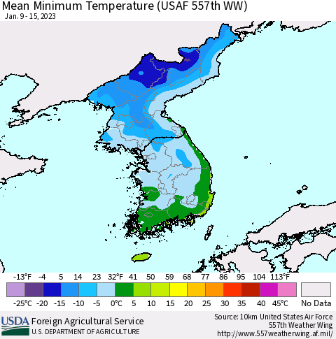 Korea Mean Minimum Temperature (USAF 557th WW) Thematic Map For 1/9/2023 - 1/15/2023