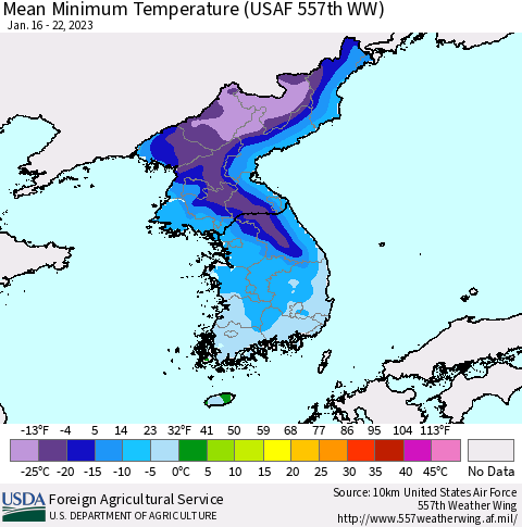 Korea Mean Minimum Temperature (USAF 557th WW) Thematic Map For 1/16/2023 - 1/22/2023