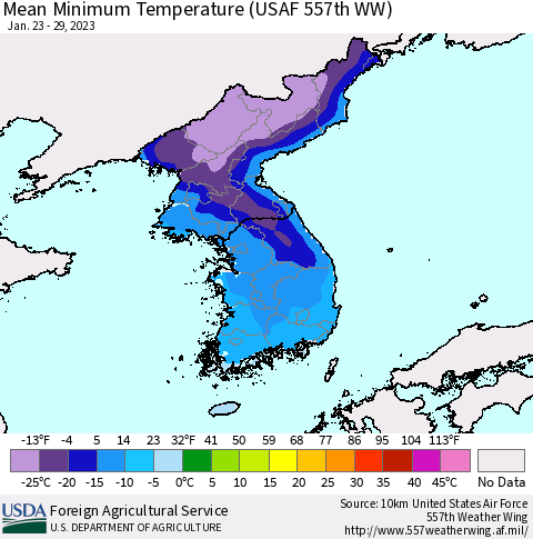 Korea Mean Minimum Temperature (USAF 557th WW) Thematic Map For 1/23/2023 - 1/29/2023