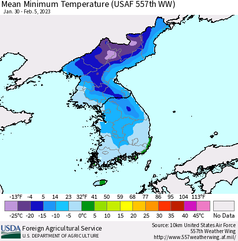 Korea Mean Minimum Temperature (USAF 557th WW) Thematic Map For 1/30/2023 - 2/5/2023