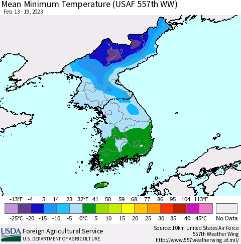 Korea Mean Minimum Temperature (USAF 557th WW) Thematic Map For 2/13/2023 - 2/19/2023