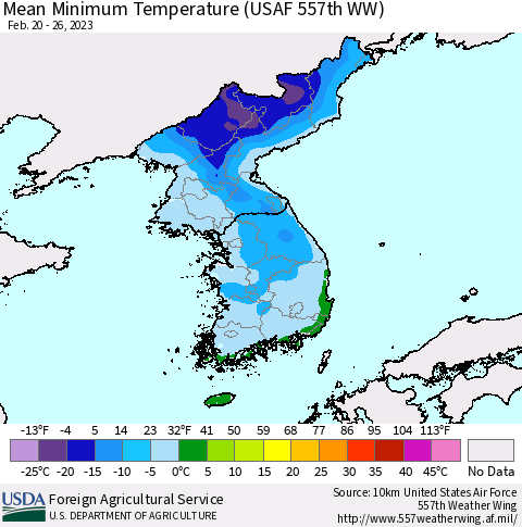 Korea Mean Minimum Temperature (USAF 557th WW) Thematic Map For 2/20/2023 - 2/26/2023
