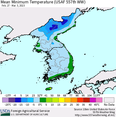 Korea Mean Minimum Temperature (USAF 557th WW) Thematic Map For 2/27/2023 - 3/5/2023