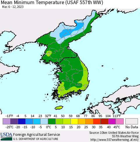 Korea Mean Minimum Temperature (USAF 557th WW) Thematic Map For 3/6/2023 - 3/12/2023